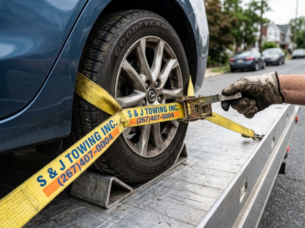 Secure wheel straps on a flatbed tow truck ensuring damage-free vehicle transport.