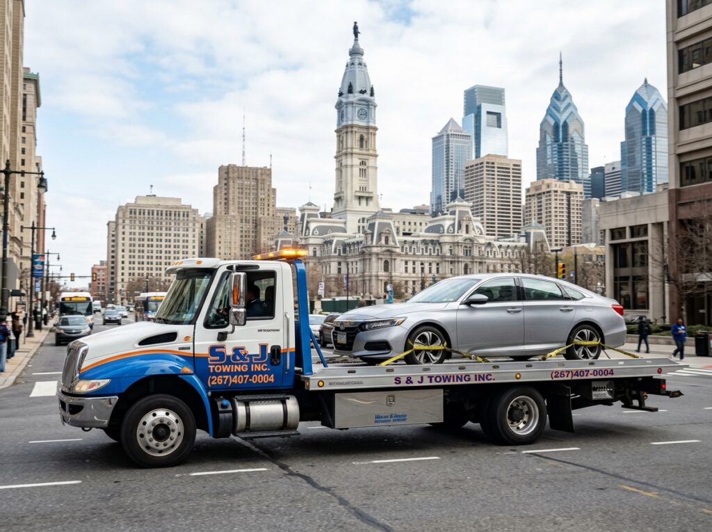 S & J Towing Inc flatbed tow truck transporting a car safely in Philadelphia.