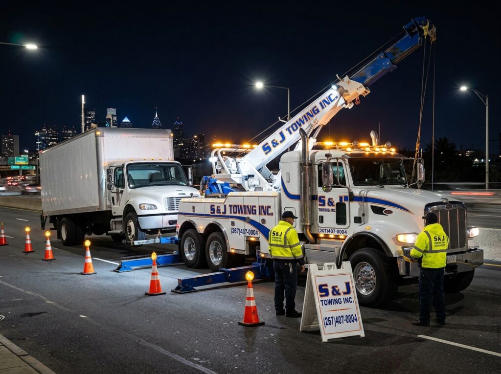 S & J Towing Inc heavy duty tow truck performing a commercial vehicle recovery in Philadelphia.