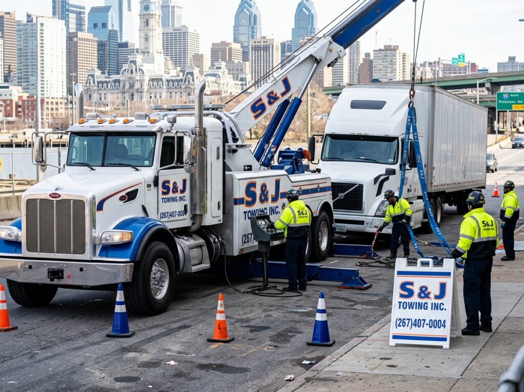 Professional heavy duty towing equipment for semi-truck recovery in Philadelphia.