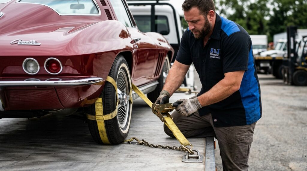 Professional tie-down and security for long distance towing by S & J Towing.