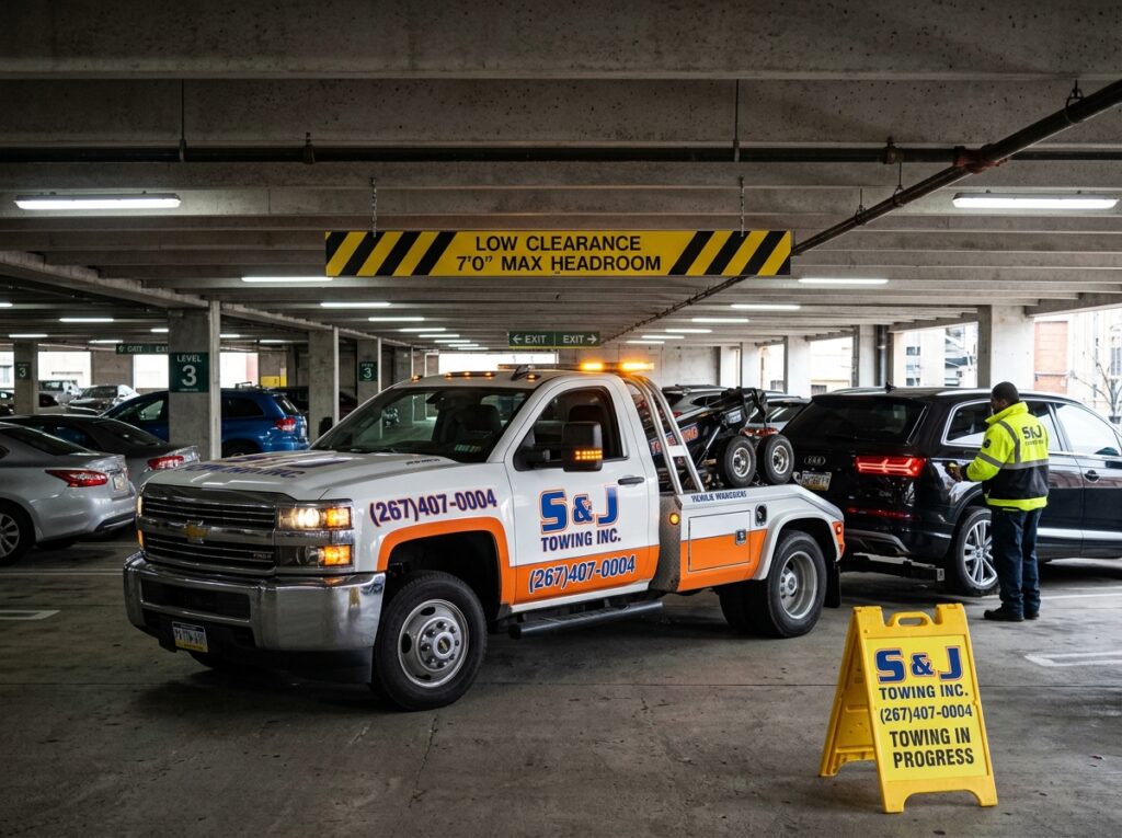 S & J Towing Inc low clearance tow truck entering a Philadelphia parking garage.
