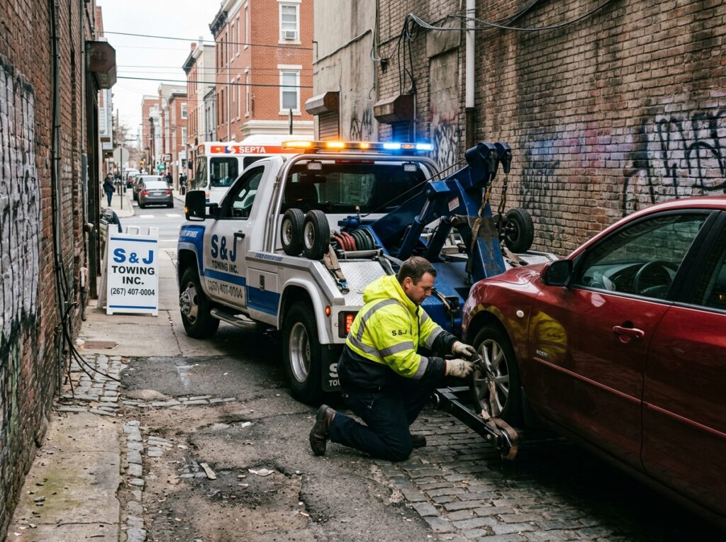 Professional garage towing extraction in Philadelphia by S & J Towing Inc.